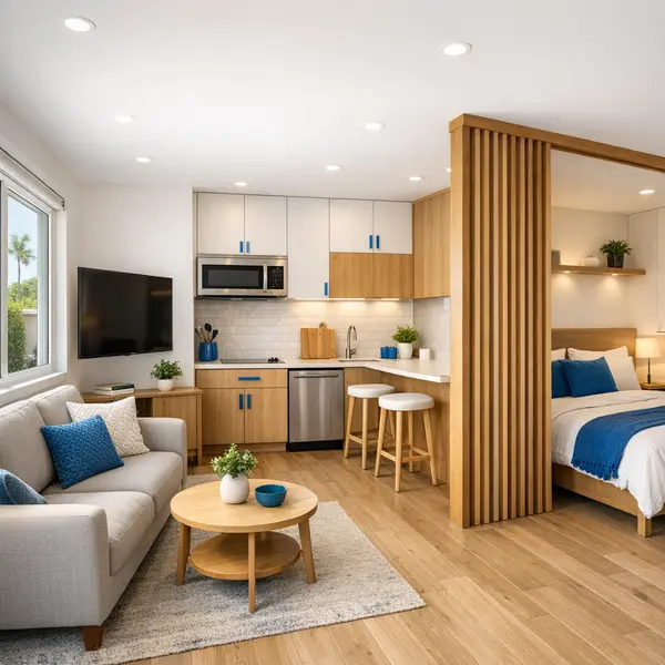 Modern accessory dwelling unit interior in Agoura Hills with efficient use of space and blue accents.