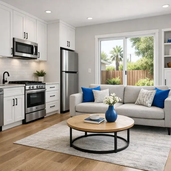 Bright ADU studio interior in Winnetka with modern kitchen, living area, and Alvapareen Construction craftsmanship.