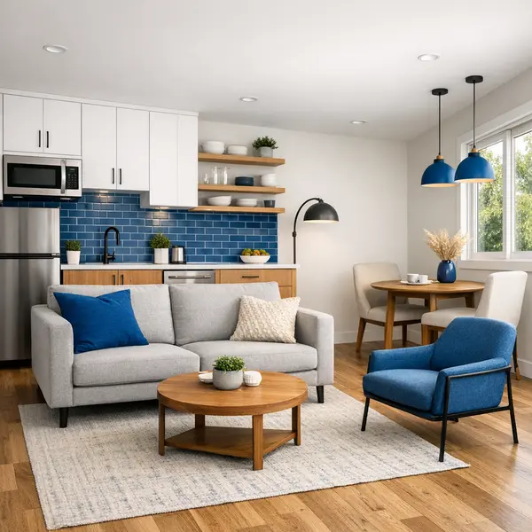 Contemporary ADU interior with open living area, kitchenette, and premium finishes built for accessory dwelling unit flexibility