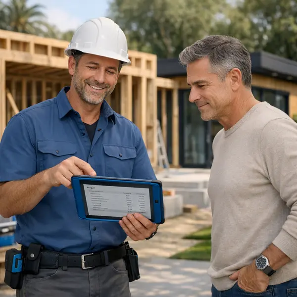 Contractor and homeowner reviewing ACESSORY DWELLING UNITS – ADU cost onsite in Beverly Hills backyard