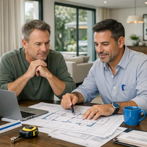 Homeowner and contractor reviewing accessory dwelling unit ADU plans in Beverly Hills dining area