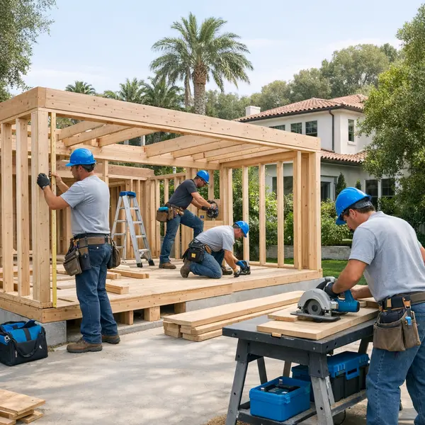 Contractors framing an ACESSORY DWELLING UNIT – ADU in Beverly Hills with materials on site
