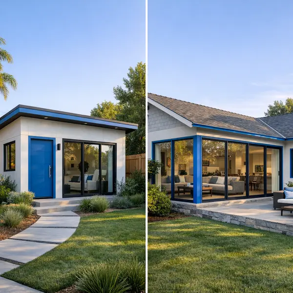 Split-screen comparison showing a detached ADU and a home addition in a modern Agoura Hills property, highlighting ACESSORY DWELLING UNITS – ADU options.