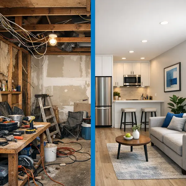 Split-scene showing DIY ADU garage conversion versus a professional accessory dwelling unit build, highlighting quality differences.