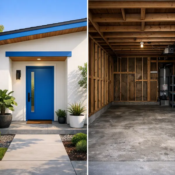 Split-screen comparison of a finished accessory dwelling unit and an unfinished garage in Sherman Oaks, highlighting accessory dwelling units ADU choice.