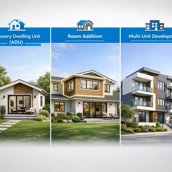 Visual comparison of accessory dwelling units, home additions, and multi-unit options for ACESSORY DWELLING UNITS – ADU planning