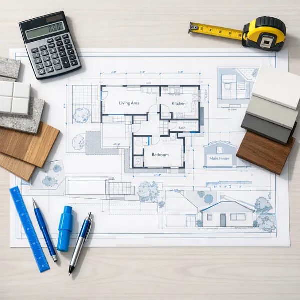 Accessory dwelling units ADU budgeting workspace with plans, calculator, and material samples in Los Angeles