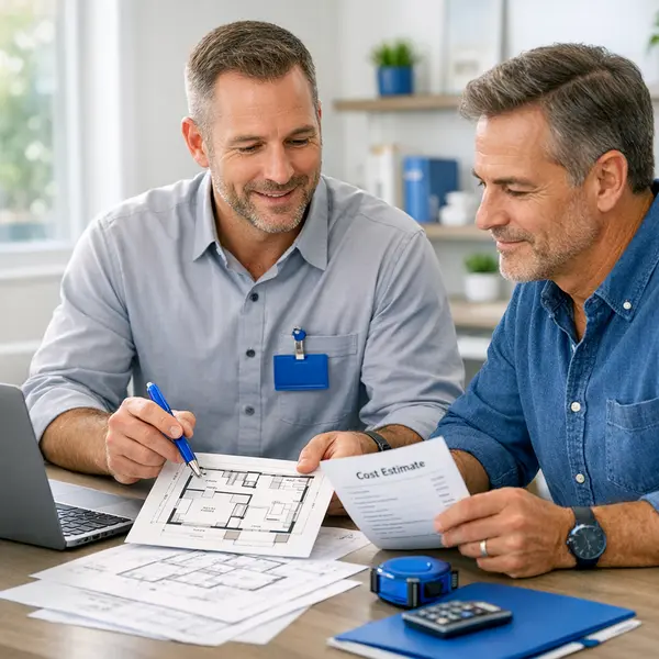 Contractor and homeowner reviewing ADU cost estimate and floor plans for accessory dwelling units in Winnetka.