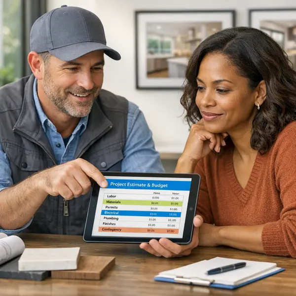 General contractor reviews ACESSORY DWELLING UNITS – ADU project estimate with homeowner at a modern workspace