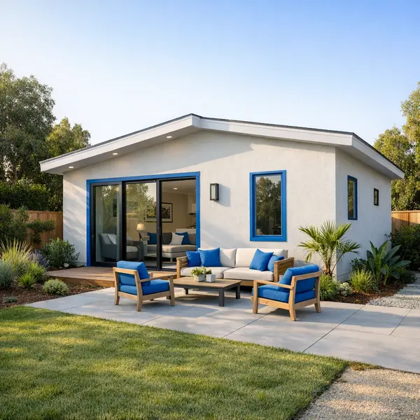 Newly constructed modern accessory dwelling unit with blue accent trim in a landscaped Los Angeles backyard – ACESSORY DWELLING UNITS – ADU