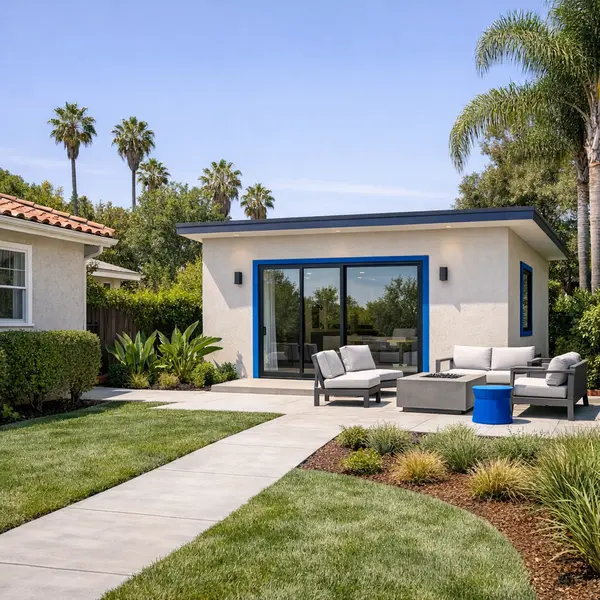 Modern accessory dwelling unit by Alvapareen Construction with clean design and blue trim in a Tarzana backyard.