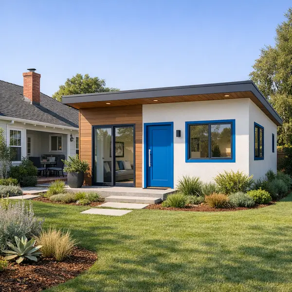 Modern detached accessory dwelling unit built behind a Sherman Oaks home, featuring brand blue accents and high-quality finishes.