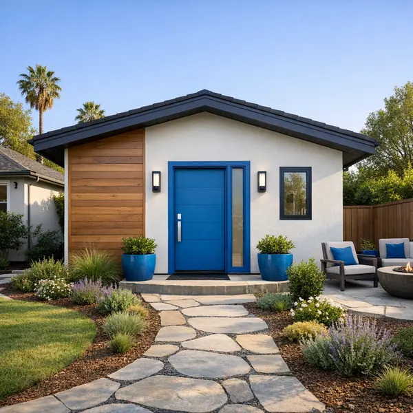 Modern detached accessory dwelling unit built with clean lines and brand blue accents, showcasing ACESSORY DWELLING UNITS – ADU quality.