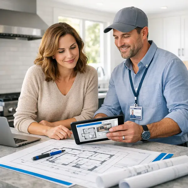 Homeowner and contractor collaborating on accessory dwelling unit – ADU plans in a Tarzana kitchen.