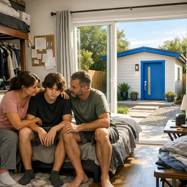 Family in cramped Agoura Hills home with modern accessory dwelling unit visible outside.