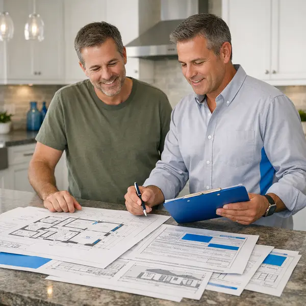 Homeowner and contractor review accessory dwelling unit plans and permits for a Sherman Oaks ADU project.