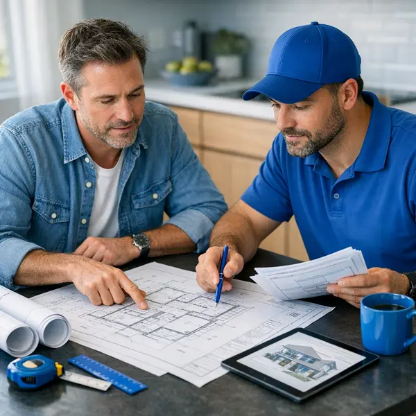 Homeowner and contractor reviewing accessory dwelling units ADU plans and permits at a kitchen table