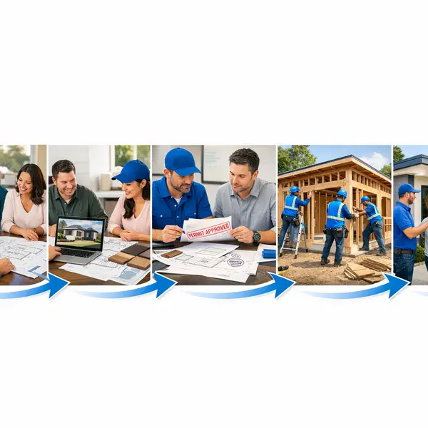 Five-step accessory dwelling units ADU process showing consultation, design, permits, construction, and handover milestones
