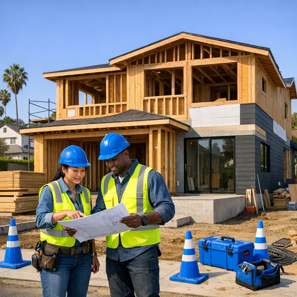 Accessory dwelling units and new home construction underway in Los Angeles neighborhood with brand-aligned safety gear