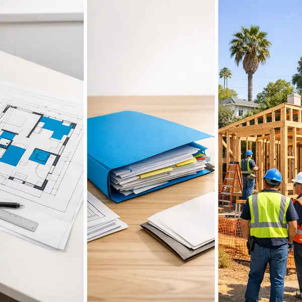 Collage showing accessory dwelling unit plans, permits, and ADU construction process in Los Angeles.