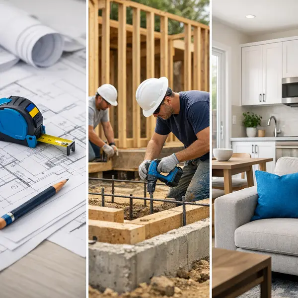 Collage of ADU design plans, construction, and finished interior showcasing ACESSORY DWELLING UNITS – ADU work in Tarzana.