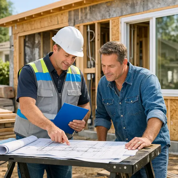 Project manager and homeowner reviewing ACESSORY DWELLING UNITS – ADU blueprints onsite in Agoura Hills