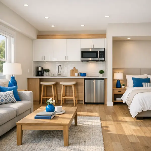Modern accessory dwelling unit interior with flexible living, kitchen, and sleeping space in Sherman Oaks ADU.