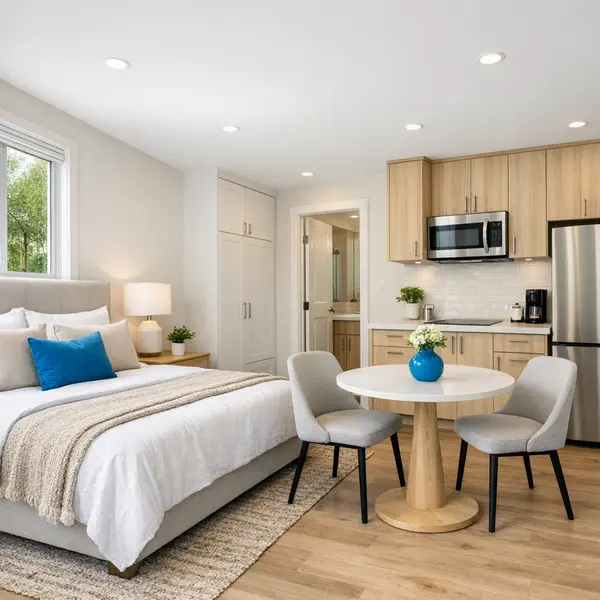 Cozy ADU suite with bed, dining nook, and kitchenette showing accessory dwelling units flexibility.
