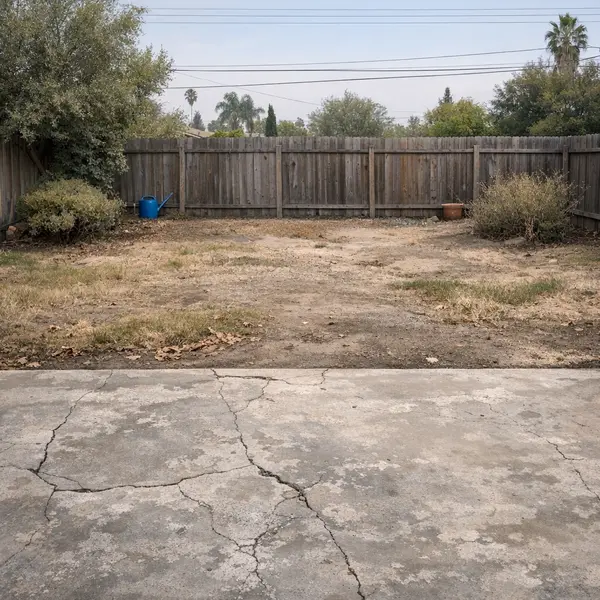 Underused backyard with cracked patio and patchy landscaping before backyard transformations in Sherman Oaks