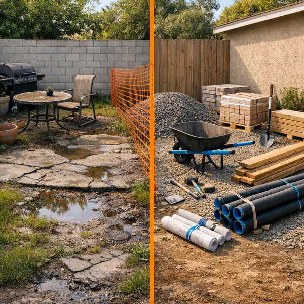 Backyard transformations showing common challenges like cracked patio, uneven ground, and staged construction prep materials.