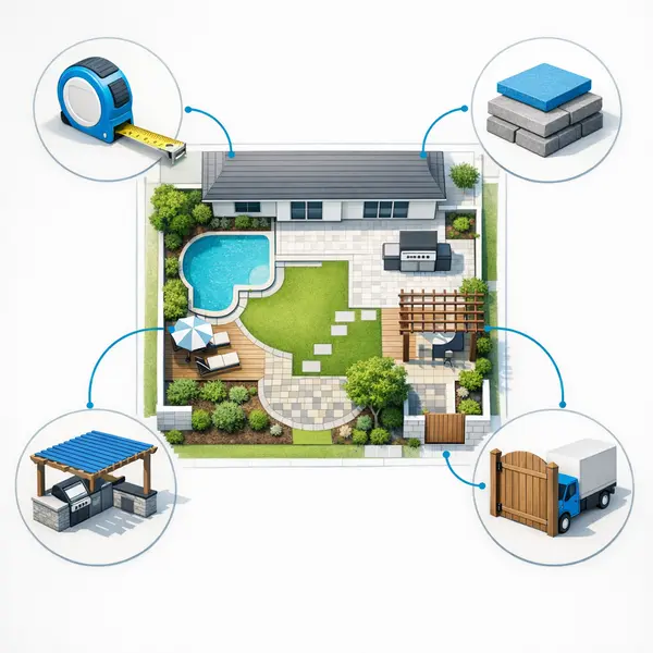 Infographic showing key backyard transformations cost factors: size, materials, features, and access constraints.