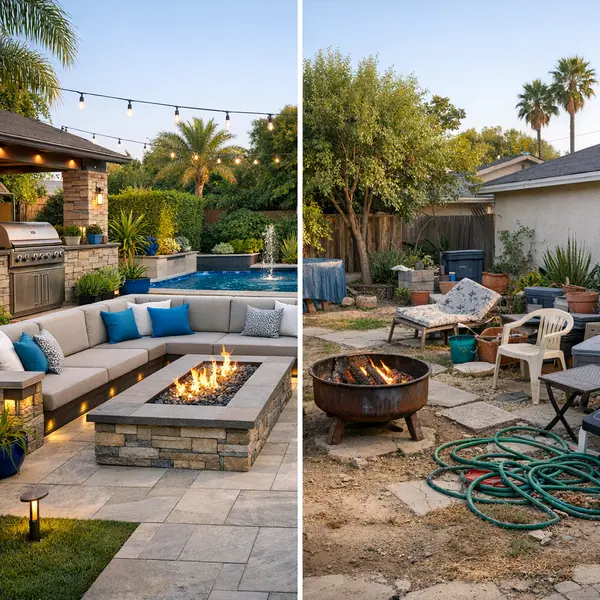 A backyard with a professional transformation on the left and a cluttered DIY setup on the right, highlighting backyard transformations.