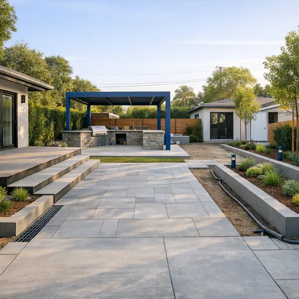 Professional backyard transformations in Los Angeles with newly installed pavers, defined zones, and outdoor kitchen area