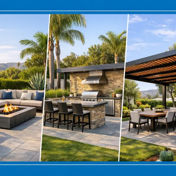 Collage of recent backyard transformations featuring custom patios, outdoor kitchen, and shaded pergola projects