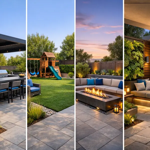 A grid of modern backyard transformations showing cooking, family play, lounging, and quiet outdoor retreat designs.