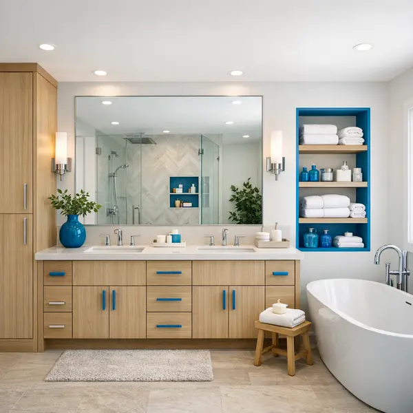 Bright remodeled bathroom with double vanity, storage, and quality fixtures from a bathroom remodeling project.