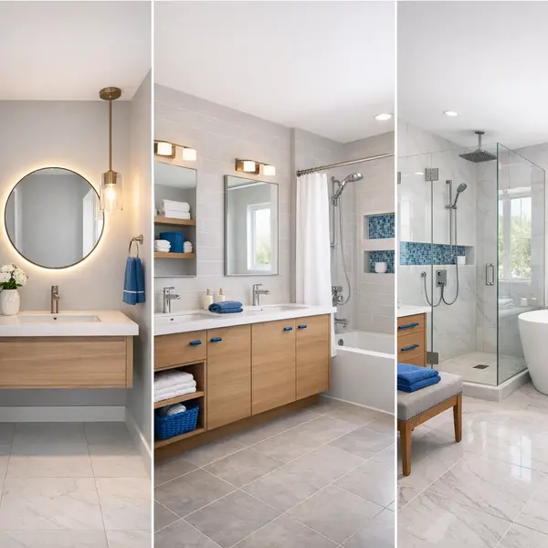 Three bathroom types for bathroom remodeling in Agoura Hills, including compact, family, and primary layouts.