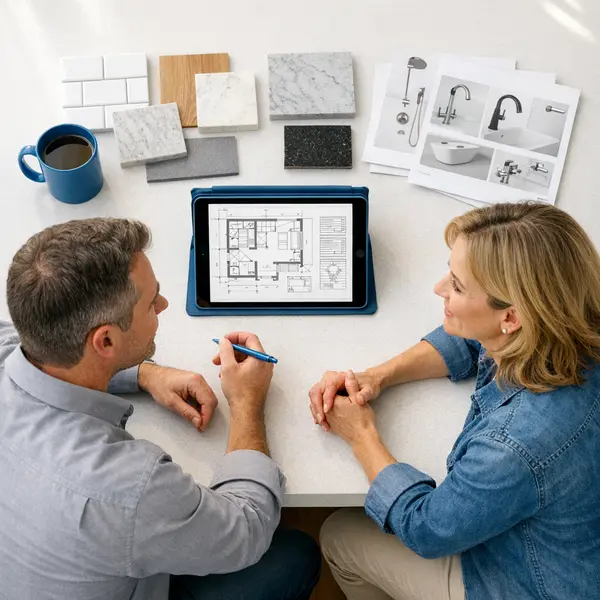 Contractor and homeowner review bathroom remodeling plans for an Agoura Hills renovation project