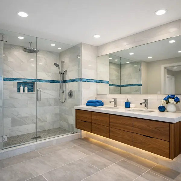 Modern bathroom remodeling project in Agoura Hills with floating vanity, glass shower, and blue accent details.