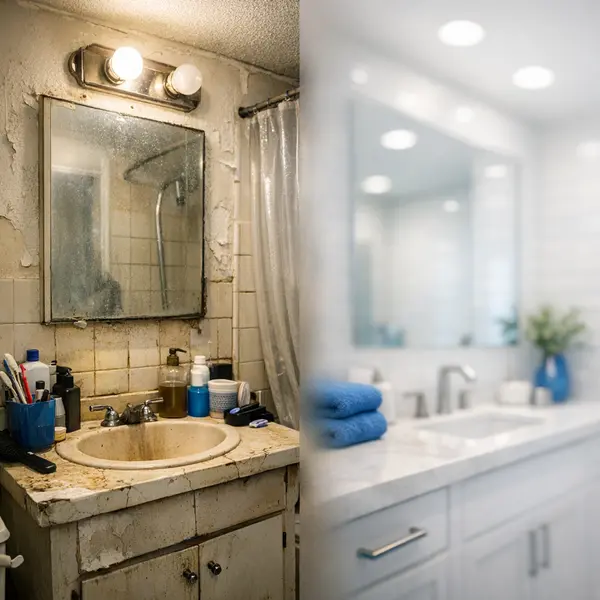 Bathroom remodeling split view showing common issues and transformation potential in an Agoura Hills home.