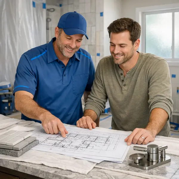 Project manager and homeowner reviewing bathroom remodeling plans with samples in Agoura Hills home