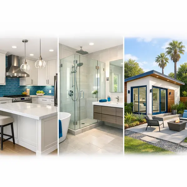 Collage highlighting kitchen, bathroom remodeling, and ADU renovation projects in Agoura Hills