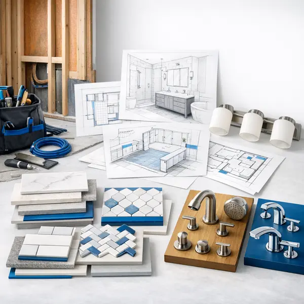 Planning and process details for a bathroom remodeling project in Agoura Hills, showing material selection and in-progress work