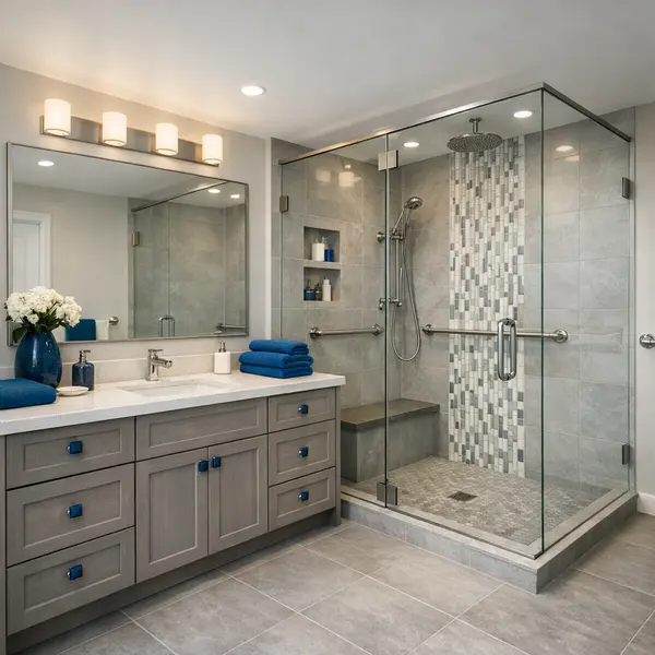 Modern bathroom remodeling project in Tarzana featuring spacious vanity, glass shower, and ample storage.