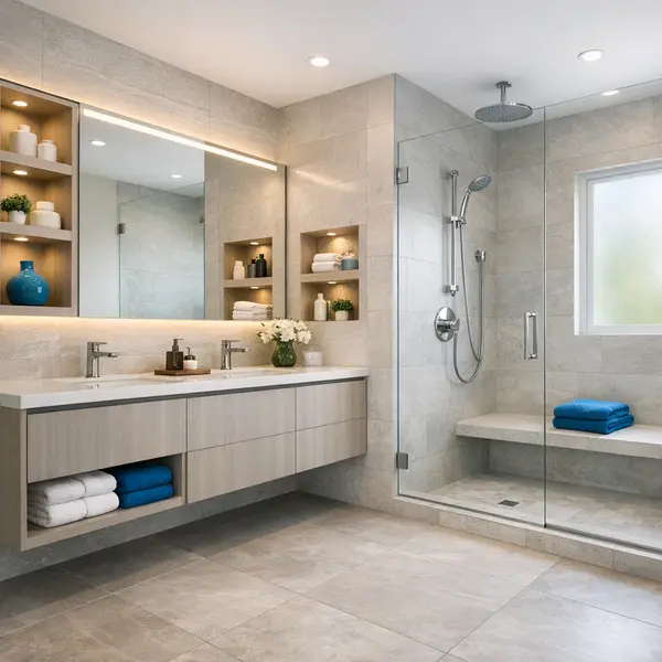 Bright modern bathroom remodel with custom vanity, storage, and efficient lighting by Alvapareen Construction.