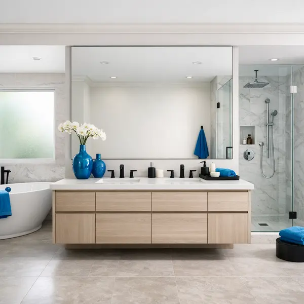 Bright, freshly remodeled Beverly Hills bathroom featuring a walk-in glass shower, custom vanity, and luxury finishes for bathroom remodeling.