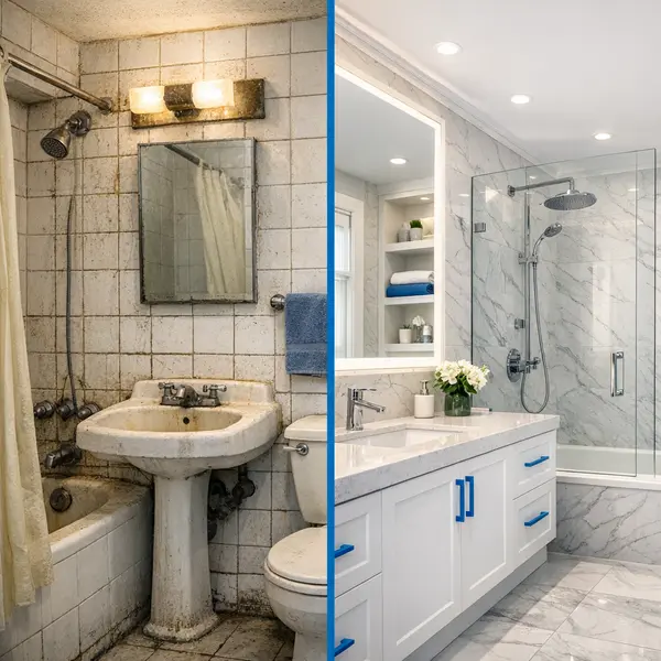 Split bathroom scene showing before and after bathroom remodeling results in Beverly Hills