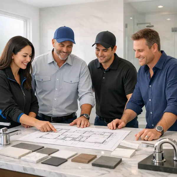 Alvapareen Construction team planning a bathroom remodeling project with a homeowner in Beverly Hills