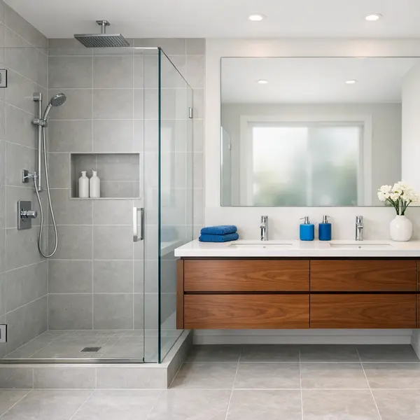 Luxury bathroom remodeling with custom tile shower and vanity, highlighting Beverly Hills craftsmanship and design