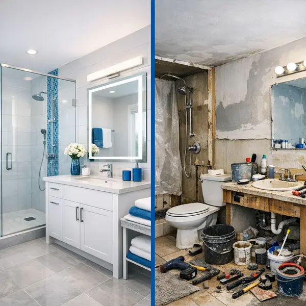 Side-by-side comparison of professional bathroom remodeling and a cluttered DIY bathroom project